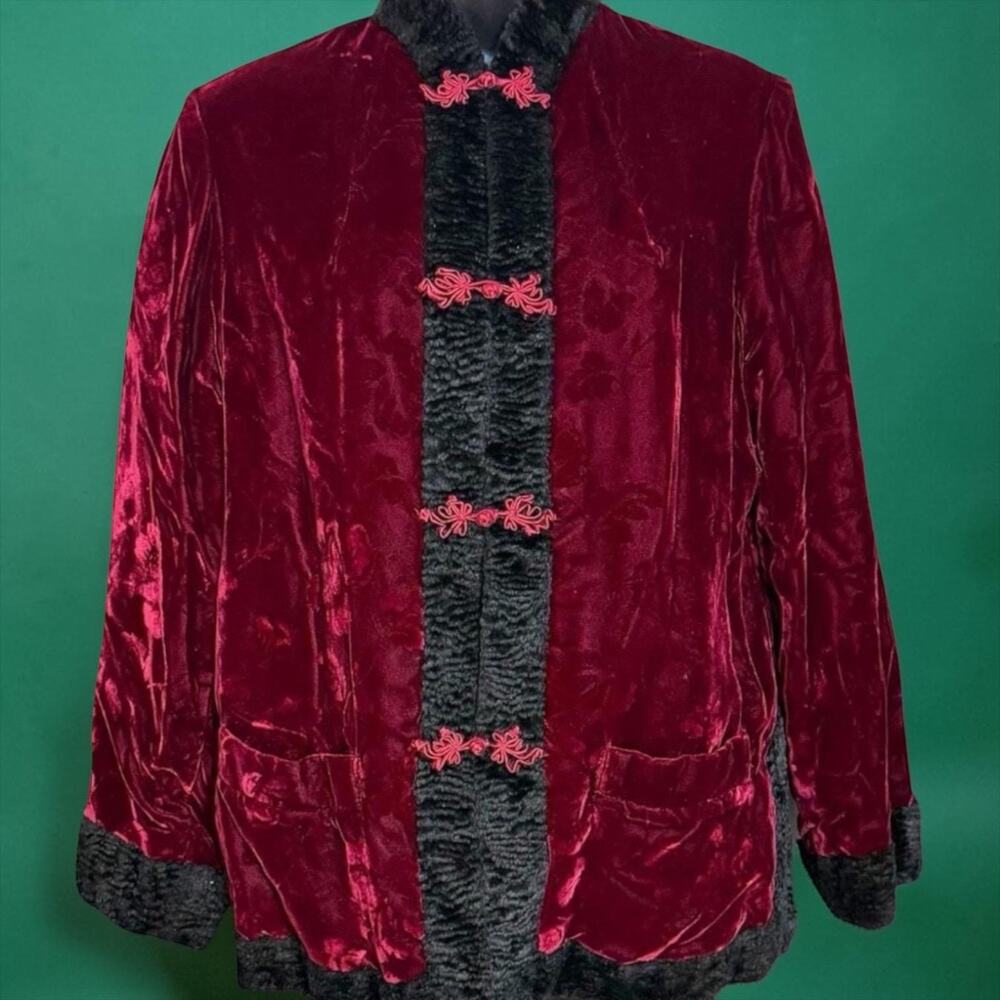 Vintage Reversible Deco Style Embossed Velvet & Faux Persian Lamb Jacket